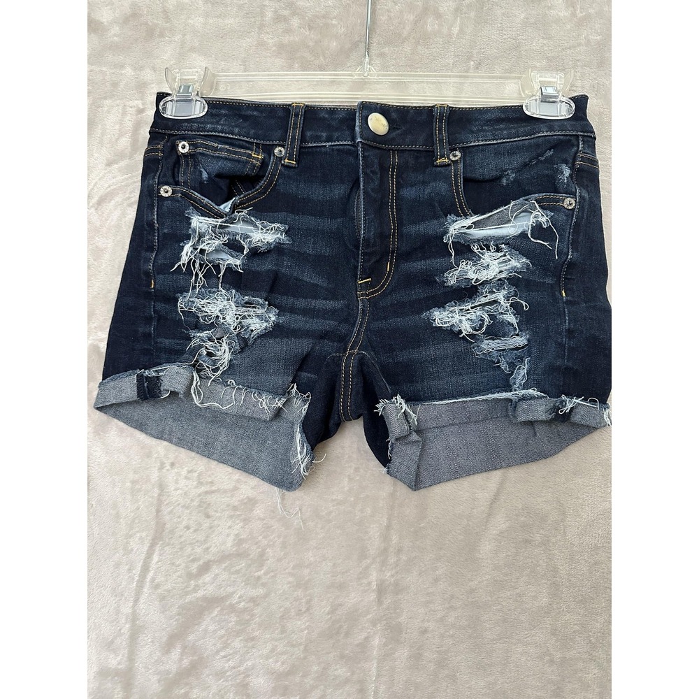 American Eagle Shorts Womens 6 Blue Hi-Rise Shortie 360 Super Stretch Distressed